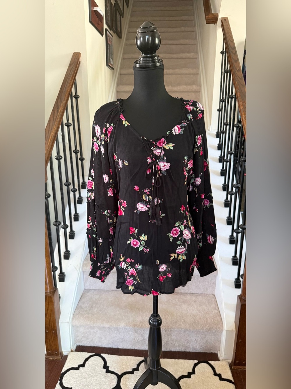 Black Boho Floral Tie-Neck Long-Sleeve Peasant Blouse
